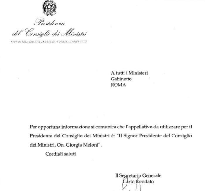 Palazzo Chigi Scrive Ai Ministeri: Giorgia Meloni è "Il" Presidente Del ...